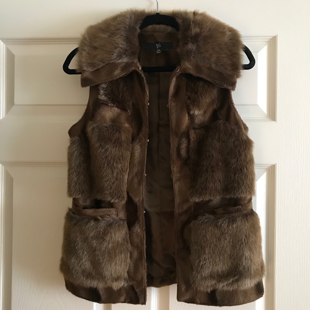 RACHEL ZOE LUXE Faux Fur Vest Cognac Brown XXS NEW